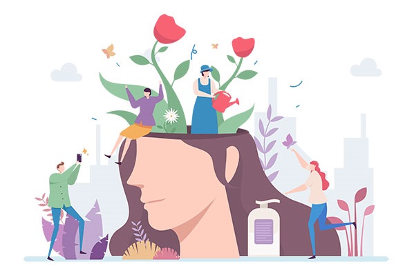 Illustration of a woman with the top of her head open and flowers coming out of it