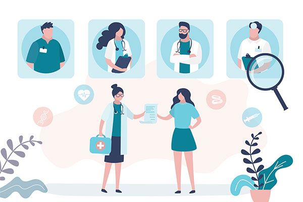 Illustration of two people stood with bubbles of 4 different types of clinicians above them