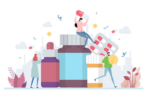 Illustration of oversized medication and a small woman next to them