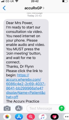 The text message with the link to the video consutation